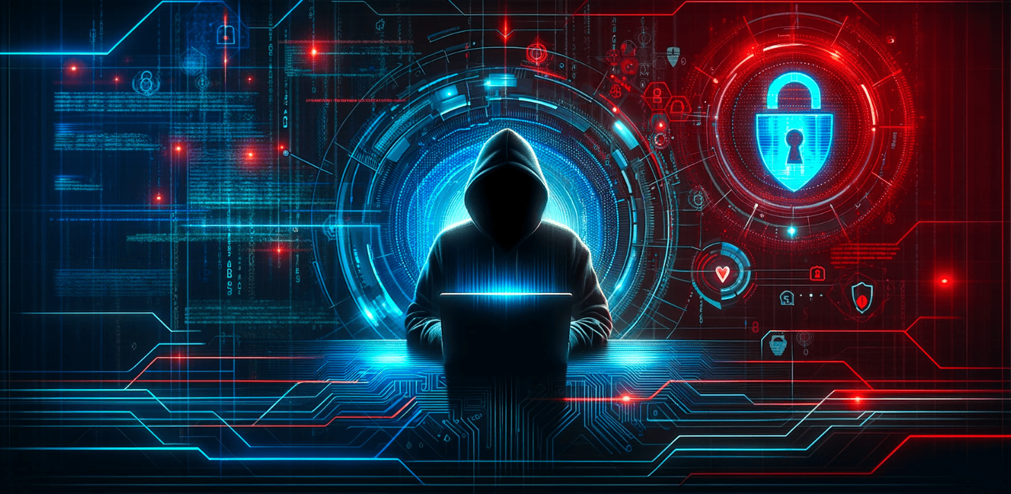 Futuristic cybersecurity header with hacker silhouette and digital defense elements